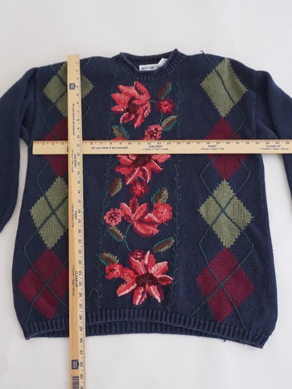 Vintage White Stag Navy Burgundy Argyle Flowers Embroidered Cotton Sweater XL - Picture 2 of 13